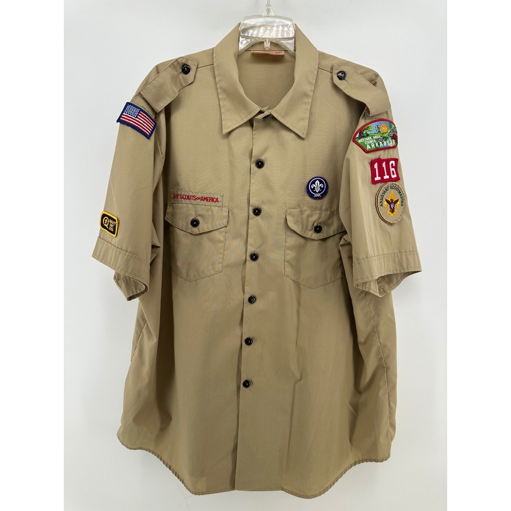 Boy Scouts of America Mens 2XL Tan Short Sleeve Uniform Shirt Patched USA 59495